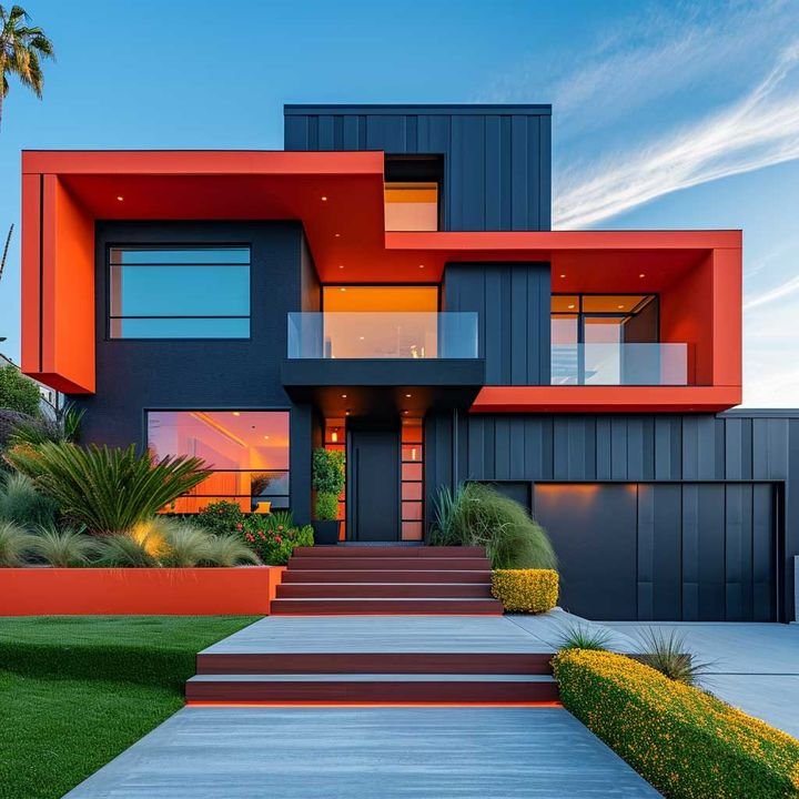 Modern house in charcoal with bold orange-red accents and glass railings