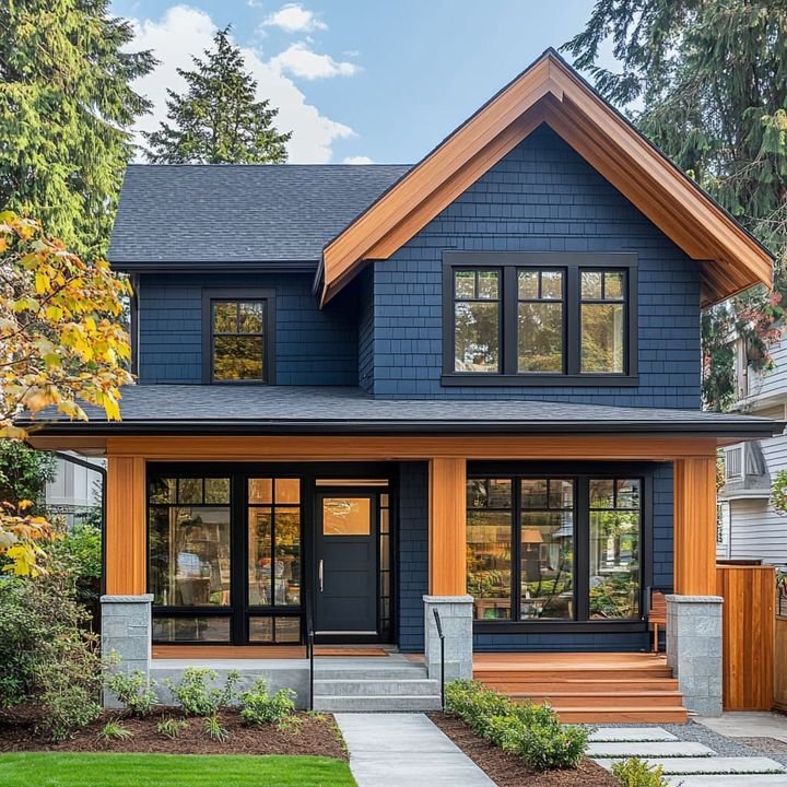 Navy blue shingle-style house with natural wood porch posts and a black front door