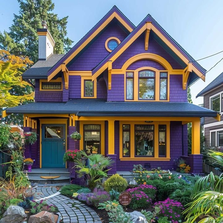 Craftsman house painted plum with golden yellow trim and a teal front door
