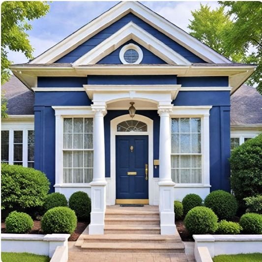 Navy blue house with white columns, white trim and a navy front door