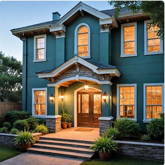 Deep teal two-story house with stone details and wood double doors