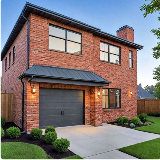 Red brick house with charcoal garage door and metal awning