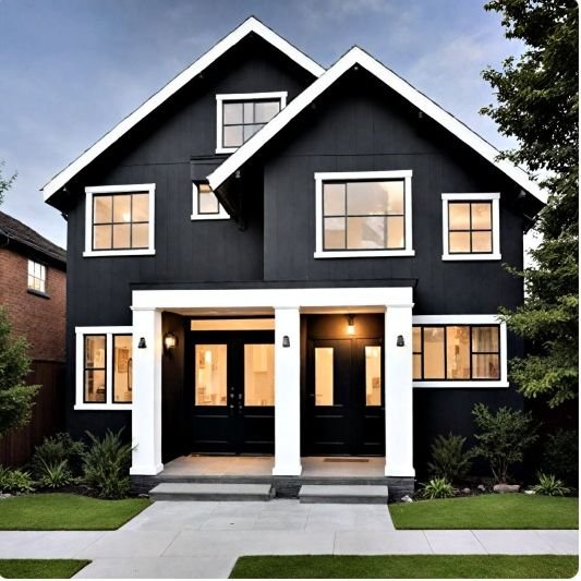 Black house with bright white window trim and white porch columns