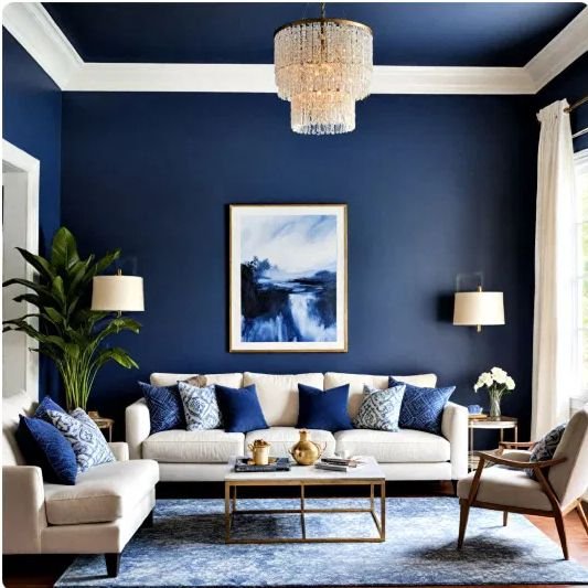 Living room painted navy blue with white crown molding and a crystal chandelier