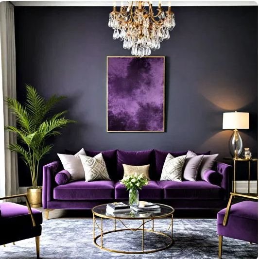 Living room with dark charcoal walls and a purple velvet sofa