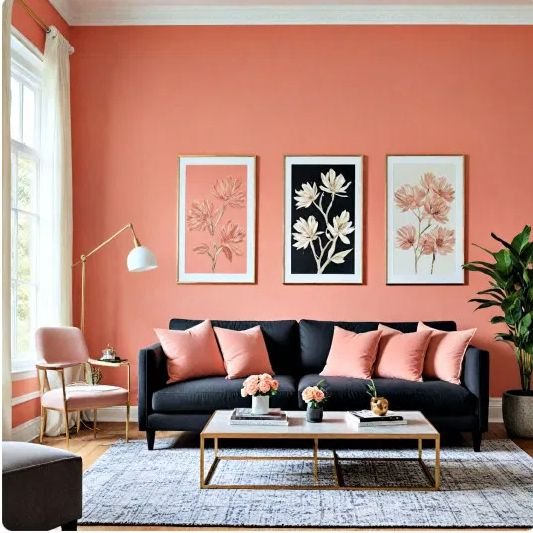 Living room with a coral wall, black sofa and framed floral prints