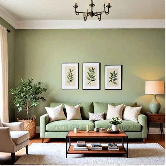 Living room with sage green walls, white trim and a matching green sofa