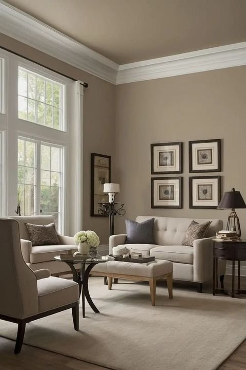 Living room painted taupe with white crown molding and tall windows
