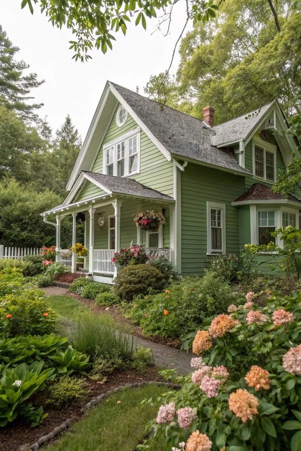 Leaf green cottage with white trim and a flower garden