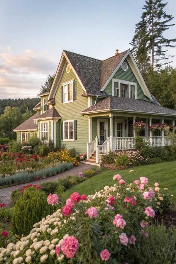 Soft green house with cream trim and dark shutters