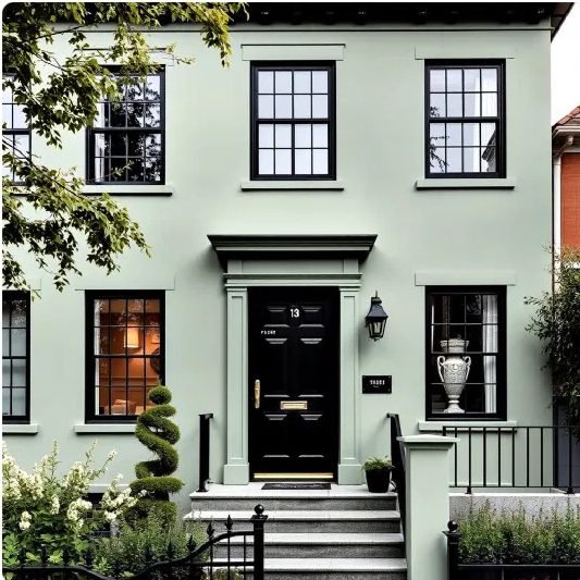 Pale sage green house with a black front door