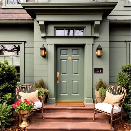Sage green house with a matching sage front door