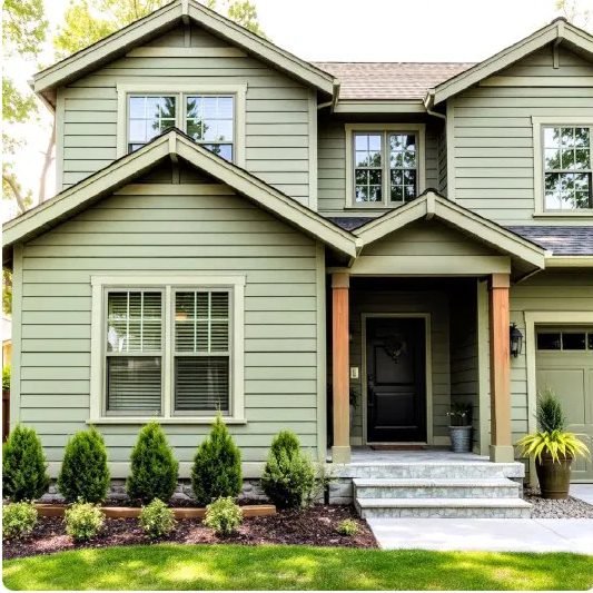 Sage green house with wood porch posts and a black door