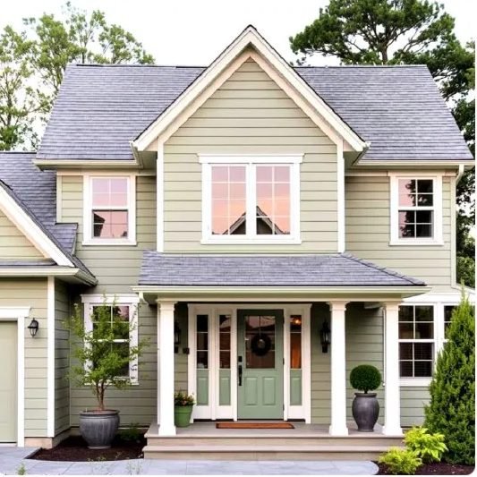 Sage green house with cream trim and a sage front door
