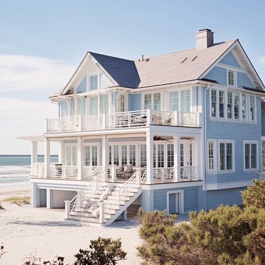Light blue shingled beach house with white trim and porches