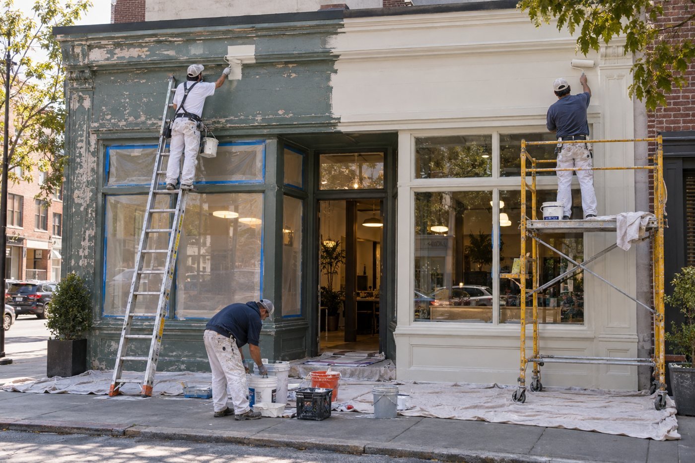 Painters repainting a storefront from a ladder and a scaffold, with the right half already finished