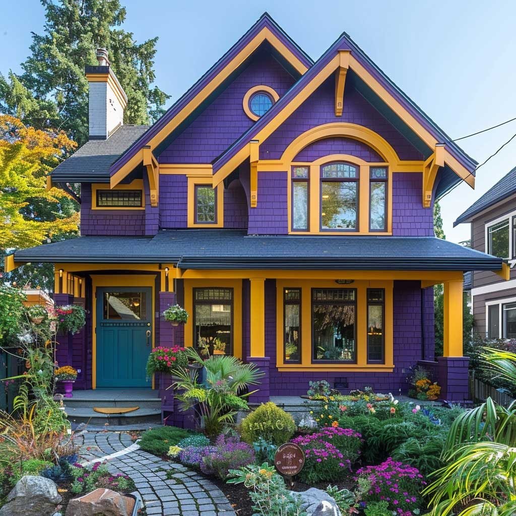 A plum house with golden yellow trim and a teal front door